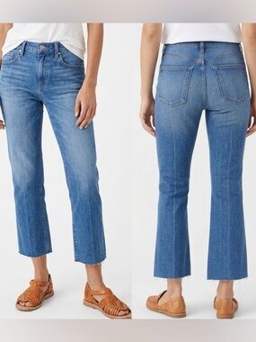 Noend Denim Jeans - Farrah Kick Flare Crop Fringe Raw Boot Hem in Mid Indigo 27